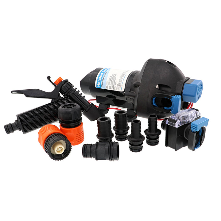 Jabsco HotShot 3 12V washdown pump with 3 GPM flow and 50 PSI pressure, compact pressure pump for marine or outdoor use.