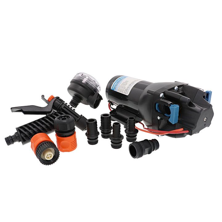 Jabsco HotShot HD4 heavy-duty 12V washdown pump with 4 GPM and 60 PSI, mounted on a boat or equipment.