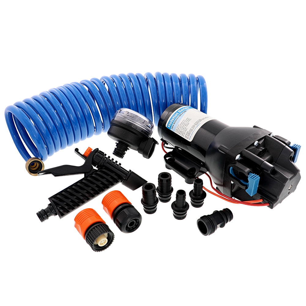 Jabsco HotShot HD4 heavy-duty washdown pump with 25-foot hose coil, 12V, 4 GPM, 60 PSI, for marine and industrial use.
