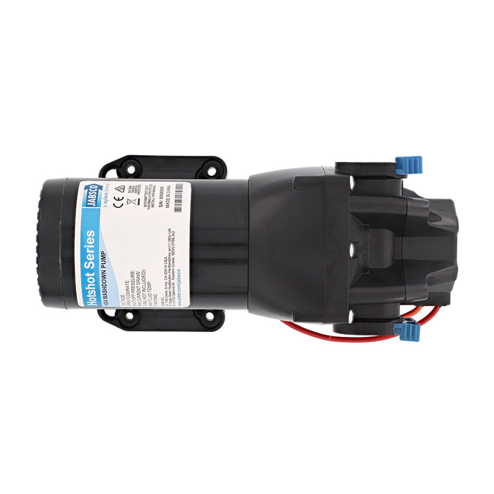 Jabsco HotShot HD4 heavy-duty washdown pump with 25-foot hosecoil, 12V, 4 GPM, 60 PSI for pressure washing.