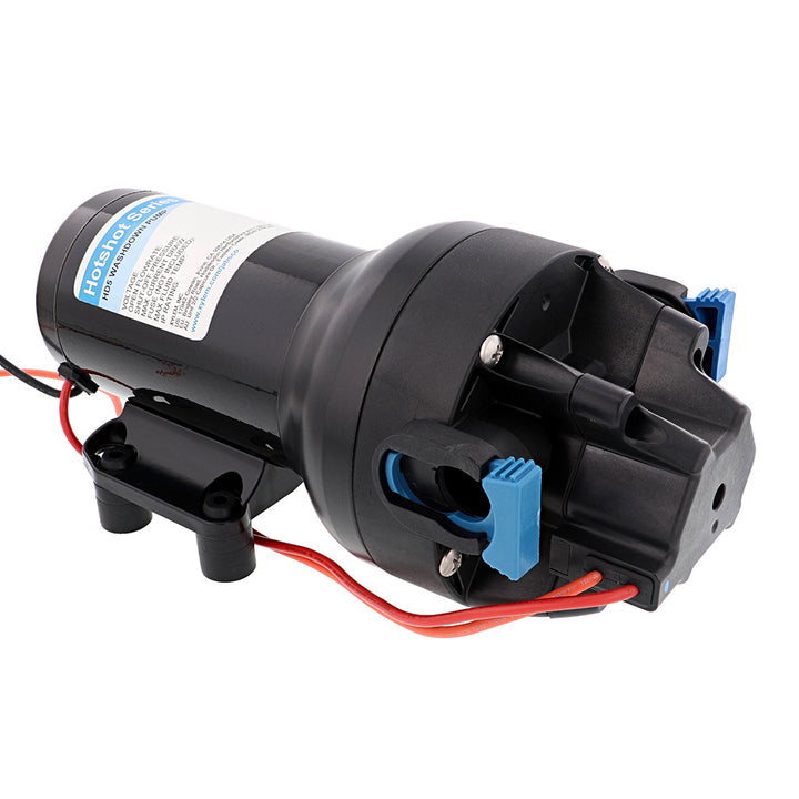 Jabsco HotShot HD5 heavy-duty 12V washdown pump with 5 GPM flow and 70 PSI pressure, designed for marine or industrial use.