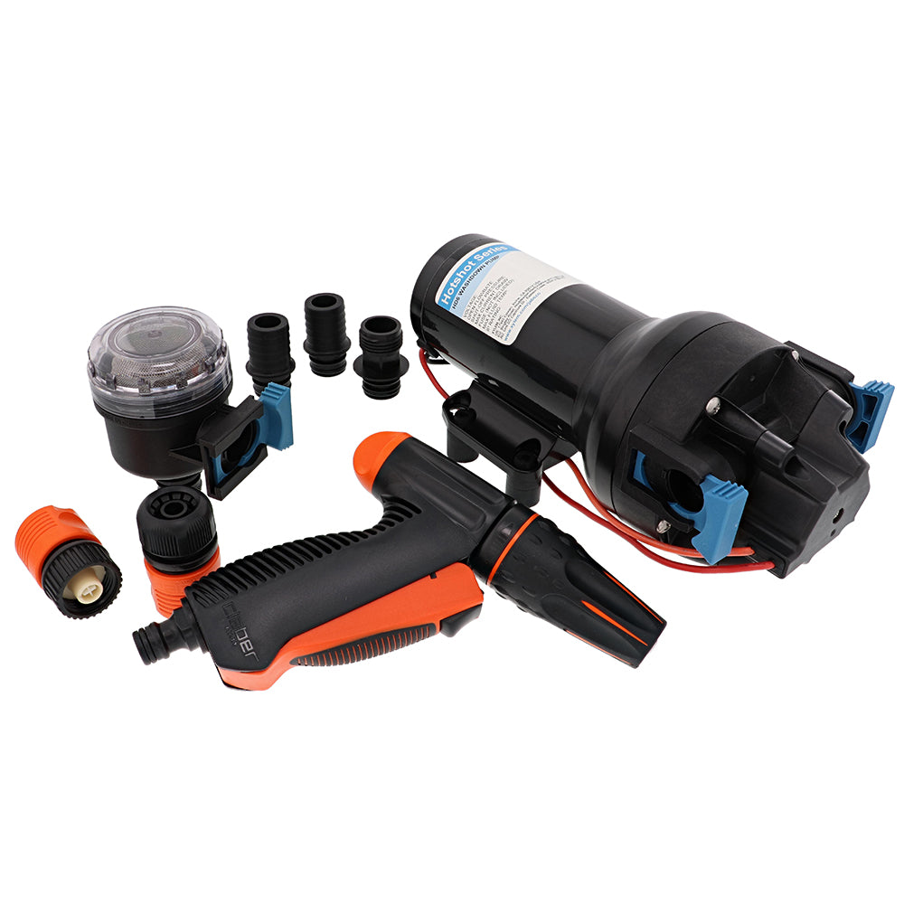 Jabsco HotShot HD6 heavy-duty 24V washdown pump with 6 GPM flow rate and 70 PSI pressure for marine or industrial cleaning.
