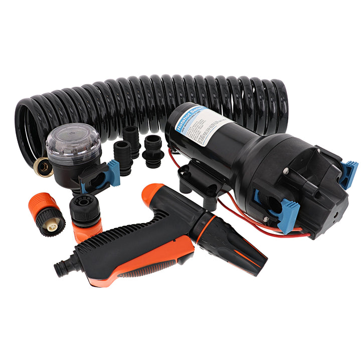 Jabsco HotShot HD6 heavy-duty 12V washdown pump with 25-foot hose coil, 6 GPM flow rate, and 70 PSI pressure.