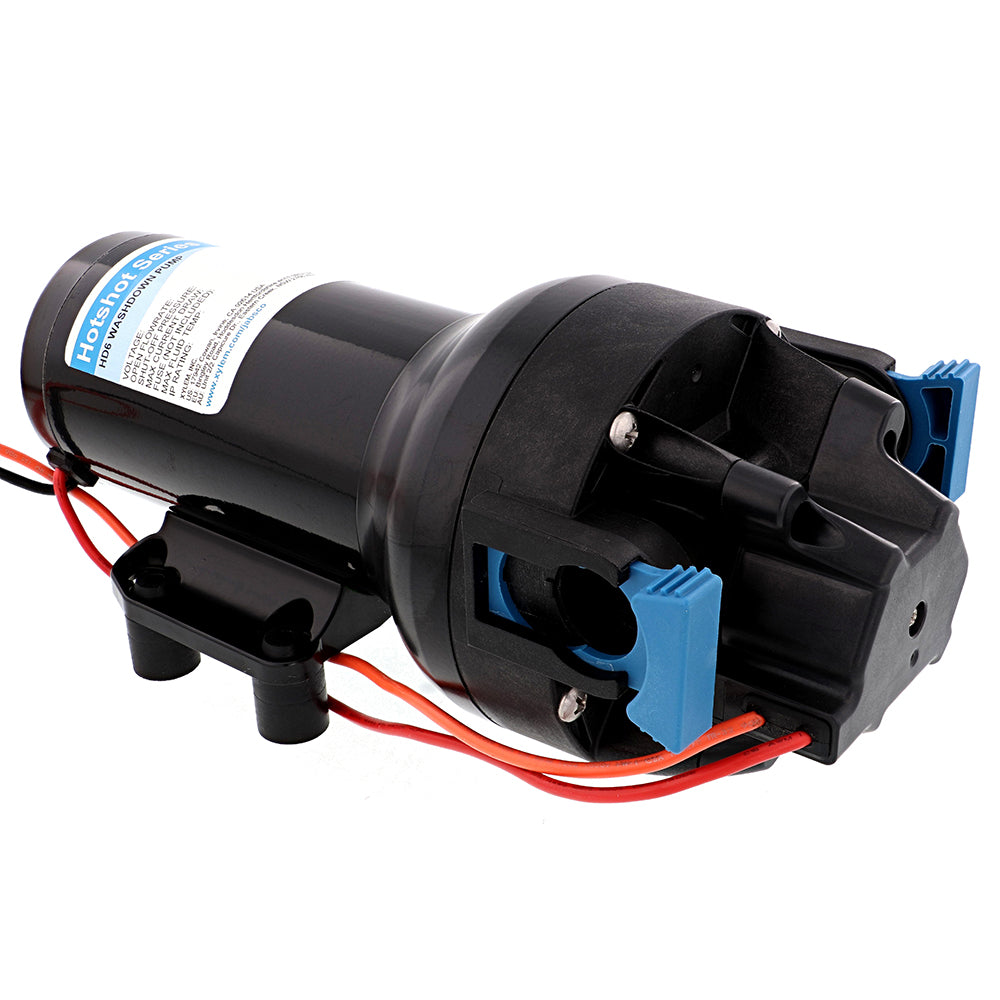 Jabsco HotShot HD6 heavy-duty washdown pump with 25-foot hose coil, 12V, 6 GPM, 70 PSI for pressure washing.
