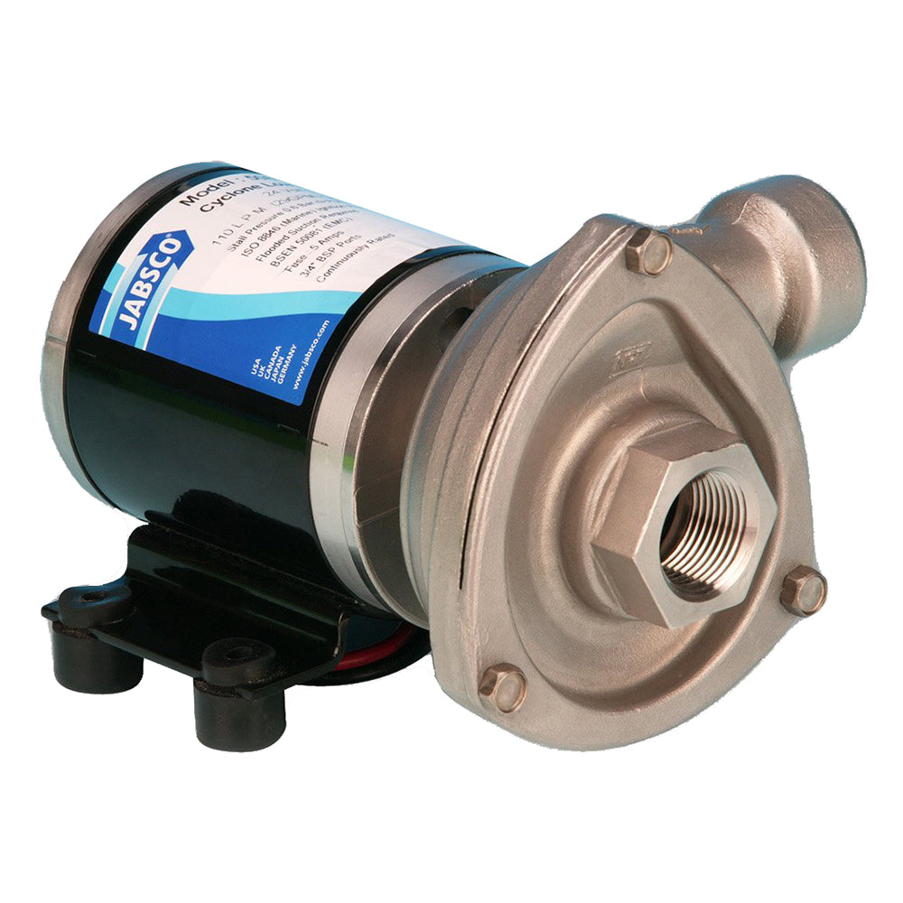 Jabsco 24V low pressure Cyclone centrifugal pump for washdown and pressure applications, shown in a close-up view.