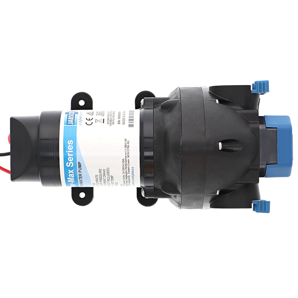 Jabsco Par-Max 3 12V water pressure pump for washdown, showing compact pump with inlet and outlet connections.