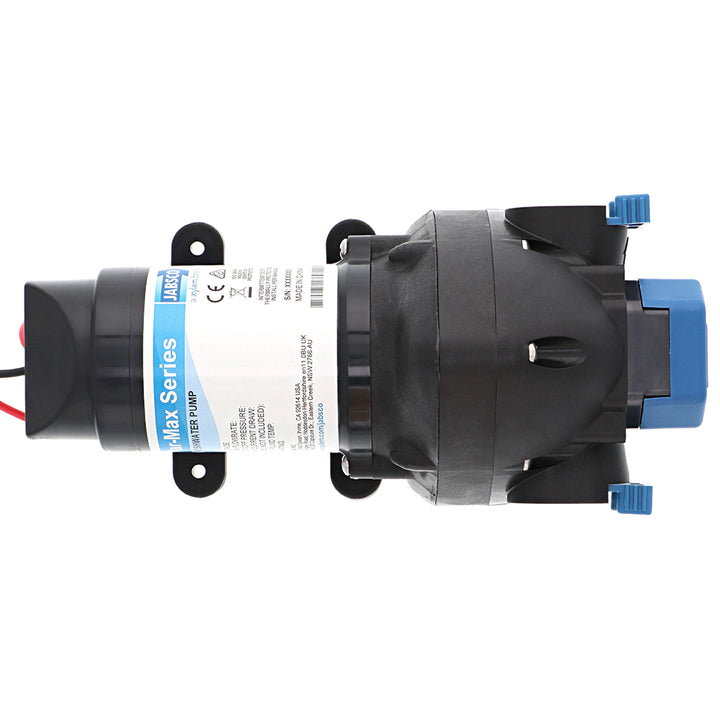 Jabsco Par-Max 3 12V water pressure pump for washdown, showing compact pump with inlet and outlet connections.