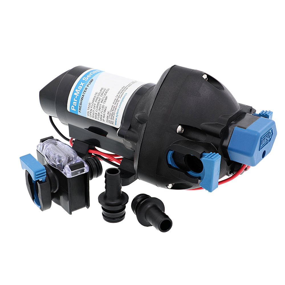 Jabsco Par-Max 3 24V water pressure pump for washdown, featuring a compact metal body, inlet and outlet ports.