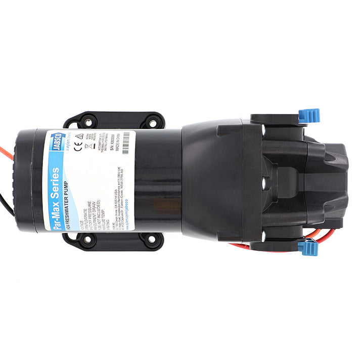 Jabsco Par-Max HD4 heavy-duty 12V water pressure pump for washdown with 4 GPM flow and 60 PSI pressure, mounted on a surface.