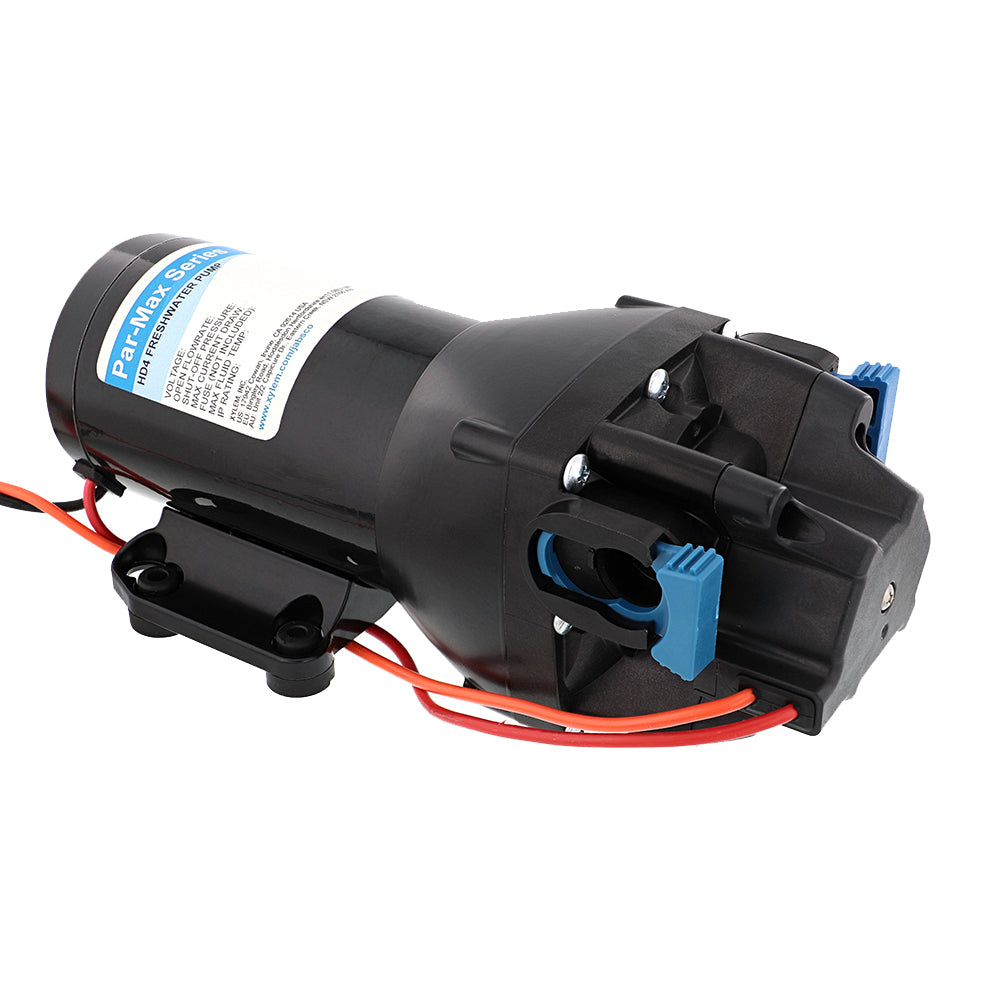Jabsco Par-Max HD4 heavy-duty 24V water pressure pump for washdown, with 4 GPM flow and 40 PSI pressure, side view.
