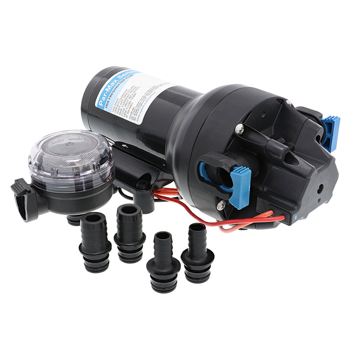Jabsco Par-Max HD5 heavy-duty 12V water pressure pump for washdown, 5 GPM flow, 60 PSI, mounted on a boat or industrial setup.