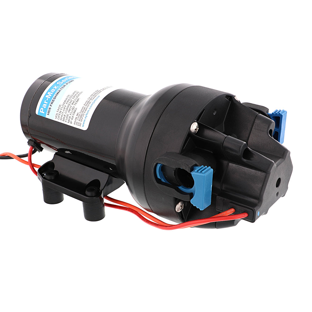 Jabsco Par-Max HD5 heavy duty 12V water pressure pump for washdown, 5 GPM, 60 PSI, mounted with inlet and outlet fittings.