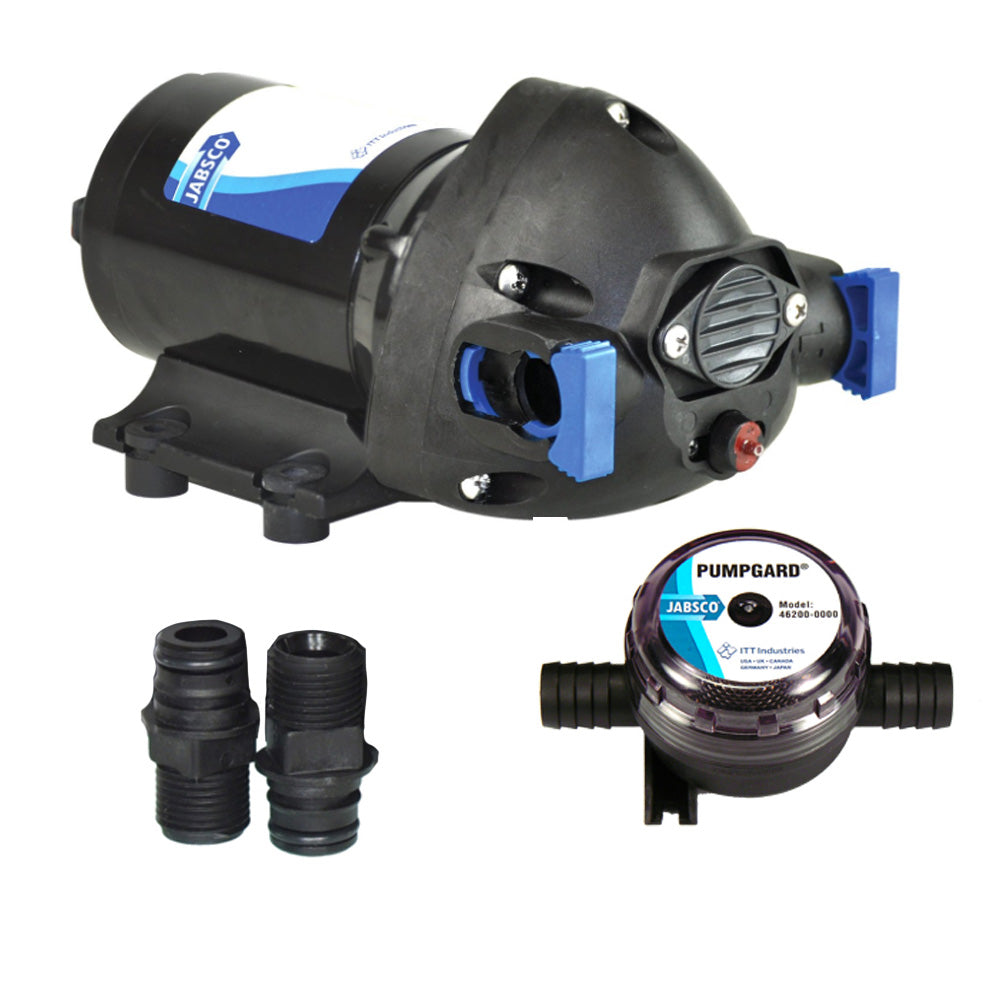 Jabsco Par-Max washdown pressure pump with strainer, 3.5 GPM, 25 psi, 12VDC, for shower drain and general-purpose use.