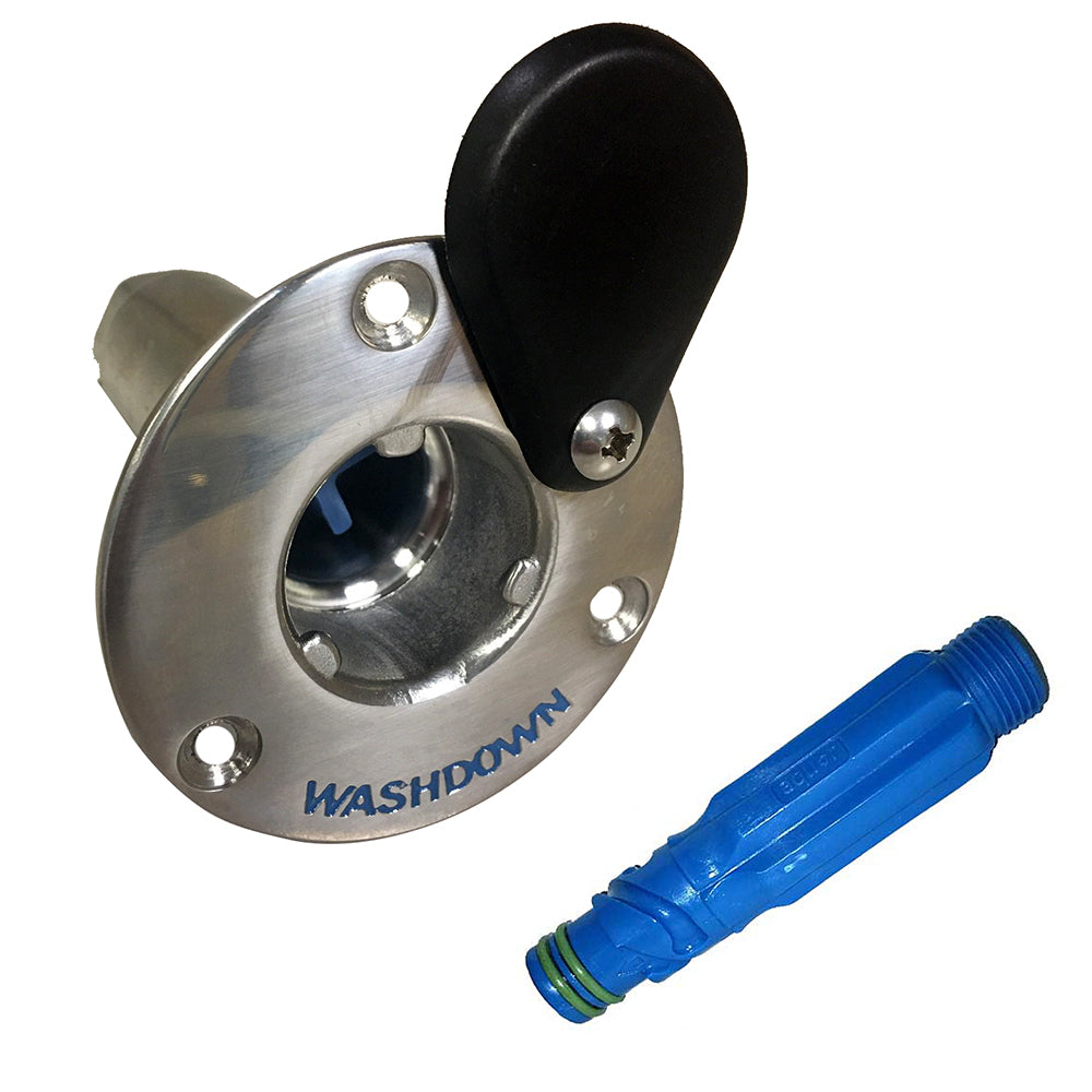 Jabsco stainless steel quick-release hose deck mount fitting for washdown and pressure pump applications.