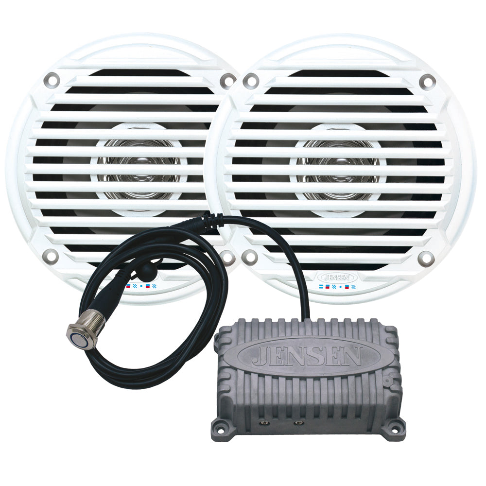 JENSEN CPM50 Bluetooth amplifier with two 5-inch speakers for home audio setup. Modern design and wireless connectivity.