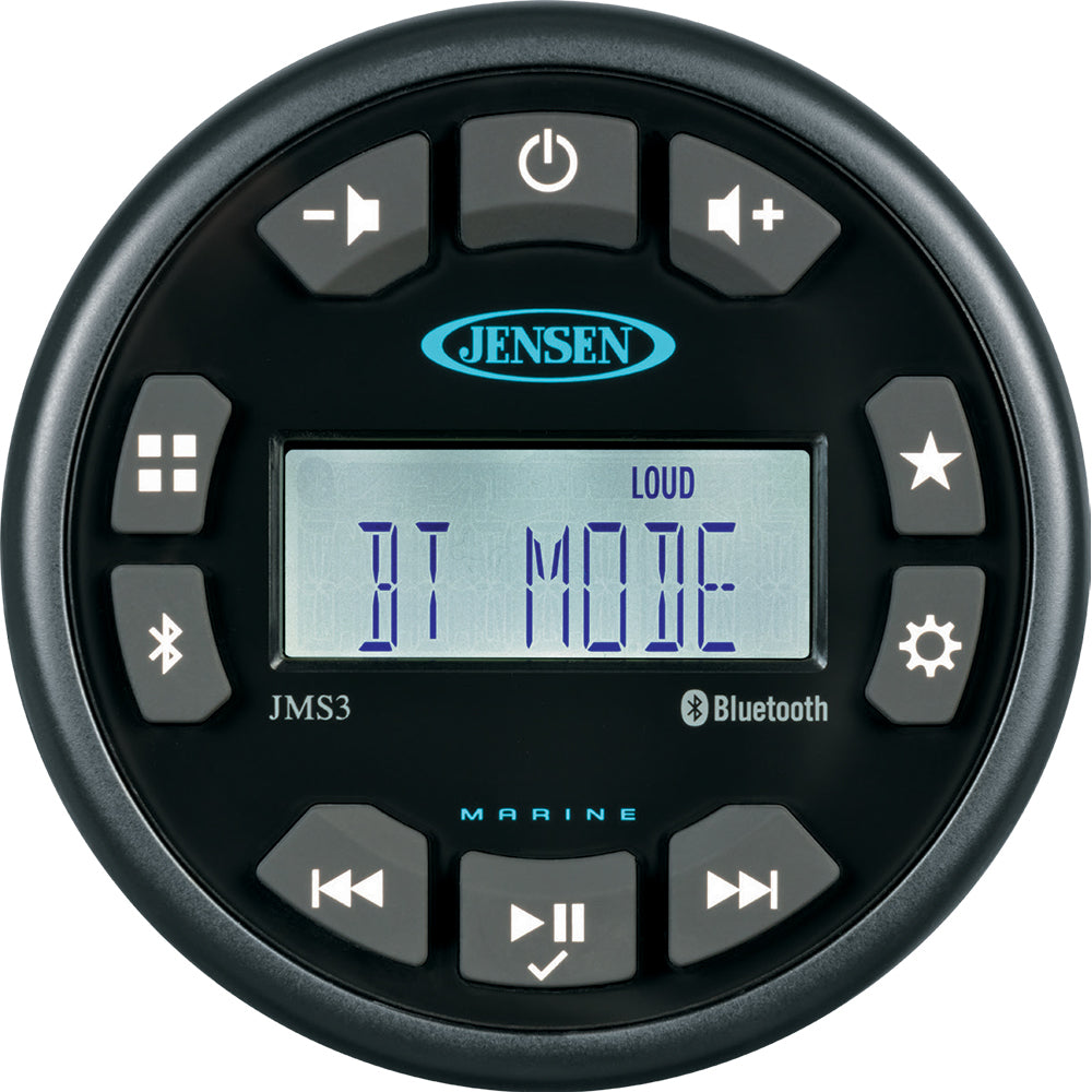 JENSEN JMS3RTL stereo system with AM/FM radio and Bluetooth, showing the sleek design of the single zone stereo unit.