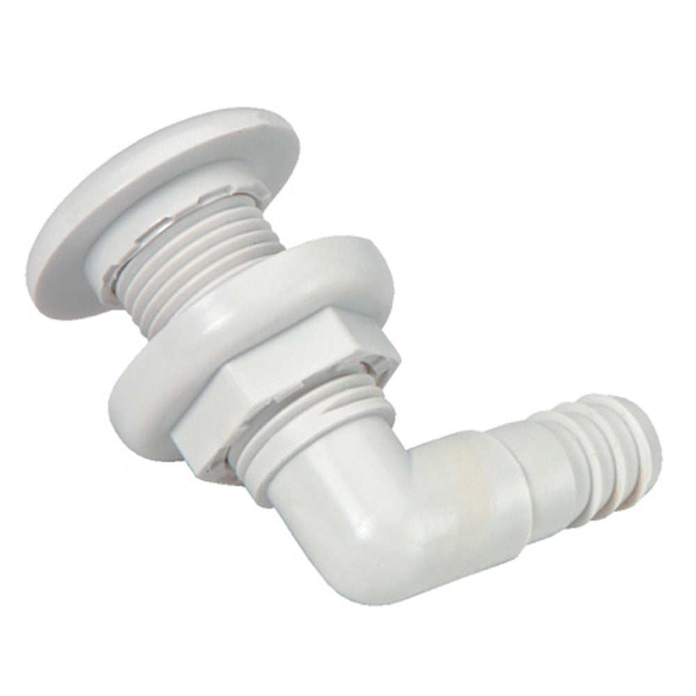 Johnson Pump 3/4" white thru-hull connector for marine accessories, 90-degree angle, durable marine-grade fitting.
