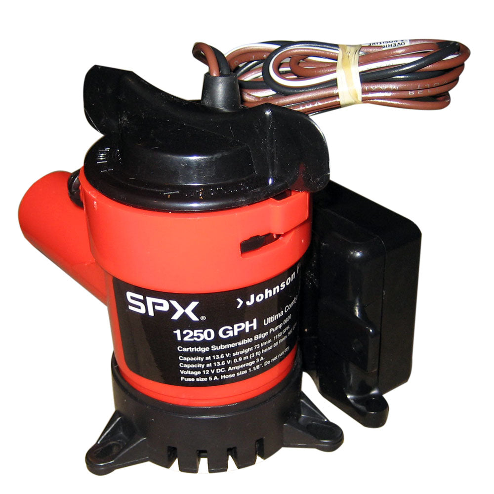 Johnson Pump 1250 GPH Ultima Combo Bilge Pump with 1-1/8" hose and 12V power for marine bilge water removal.
