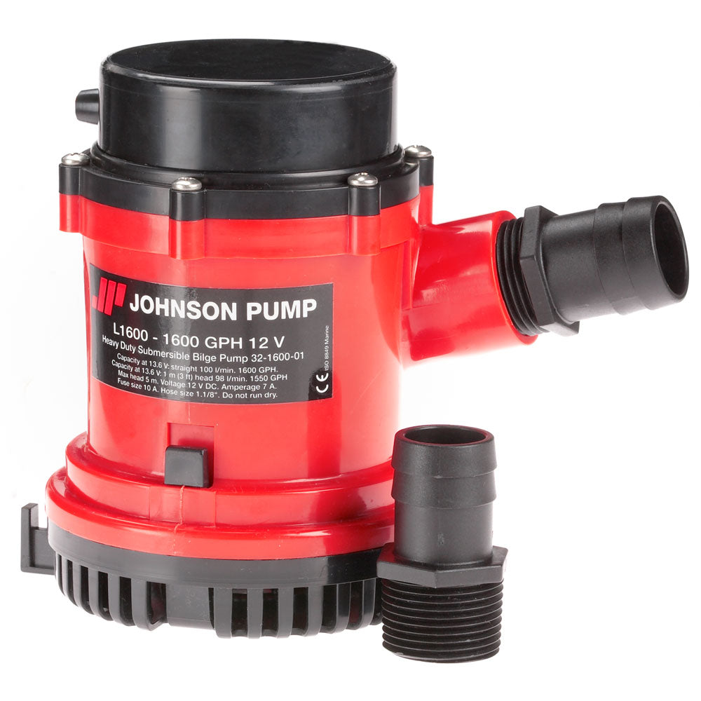 Johnson Pump 1600 GPH bilge pump with 1-1/8 inch hose and 12V power, designed for marine bilge water removal.