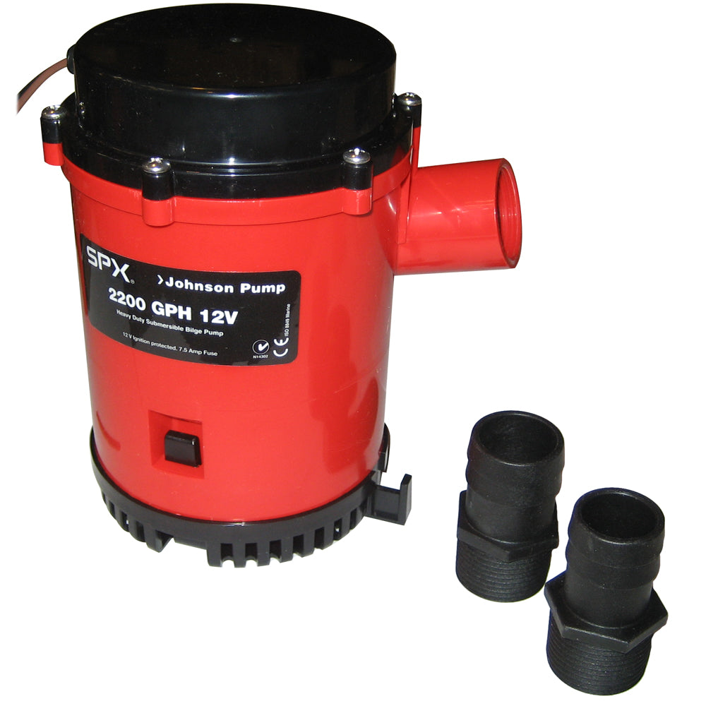 Johnson Pump 2200 GPH bilge pump with 1-1/8" hose and 12V threaded port, designed for marine bilge pumping.