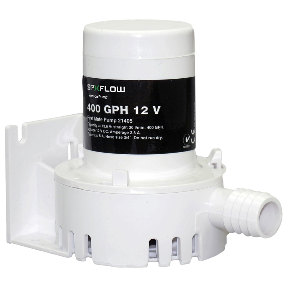 Johnson Pump 400 GPH 12V bilge pump with barbed port, compact marine bilge pump for removing water from boats.