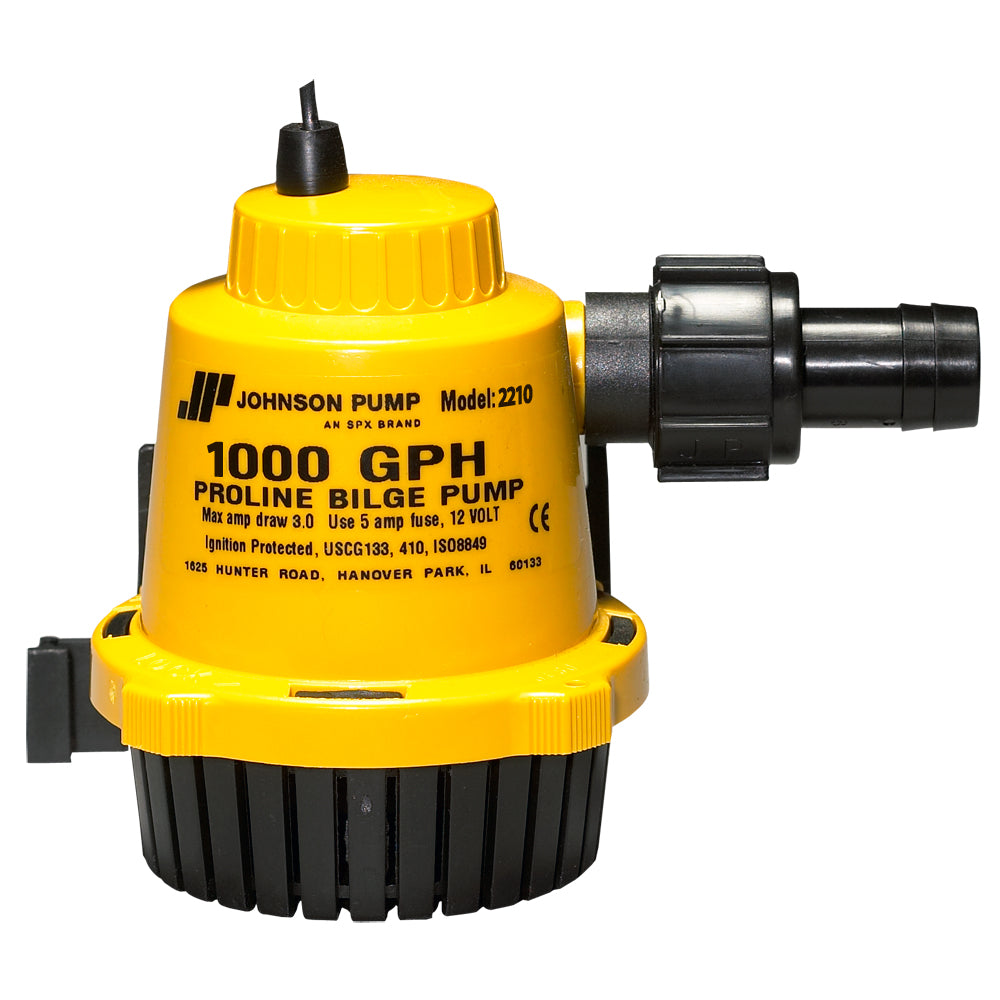 Johnson Pump Proline bilge pump showing compact design, inlet and outlet ports for 1000 GPH marine bilge water removal.