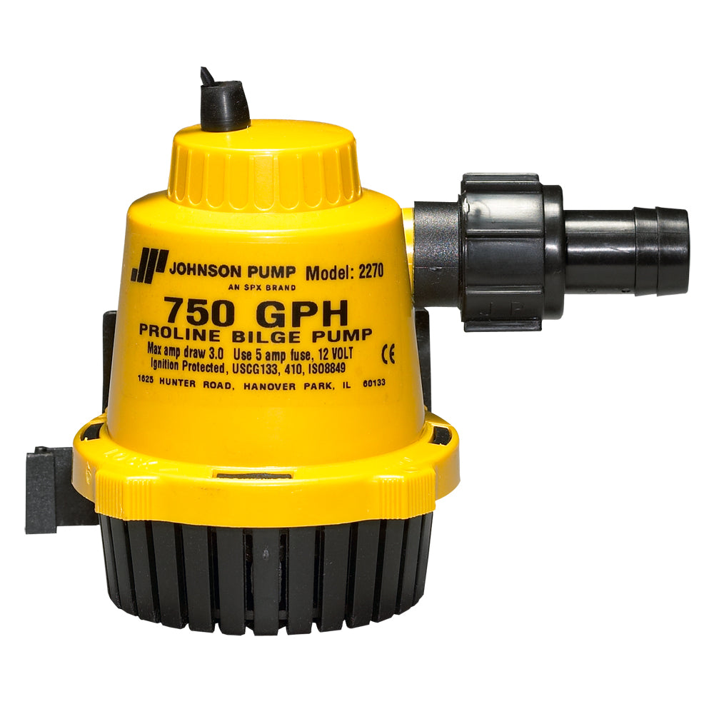 Johnson Pump Proline Bilge Pump 750 GPH with compact design, black motor housing and inlet/outlet ports for marine bilge pumping.
