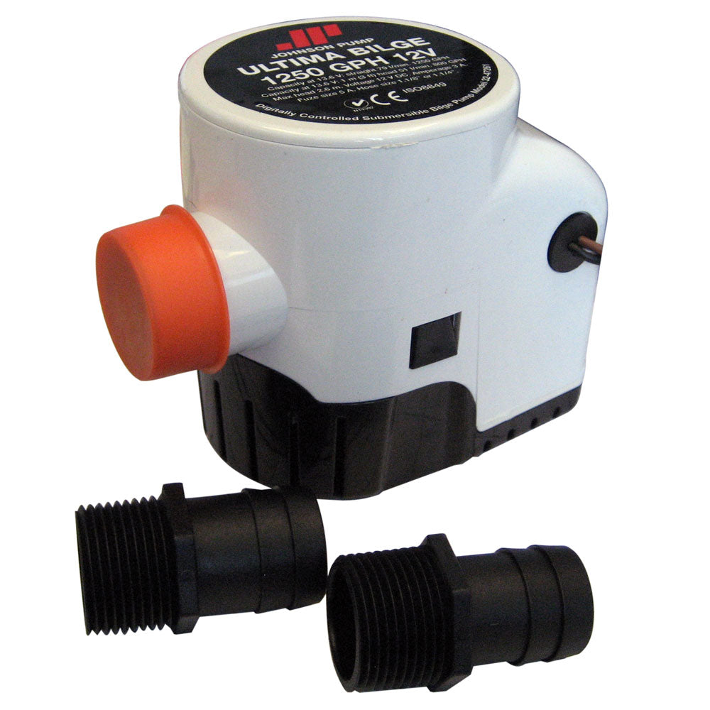 Johnson Pump Ultima Bilge Pump with 1250 GPH flow, featuring 1-1/8" and 1-1/4" hose connections for marine bilge pumping.