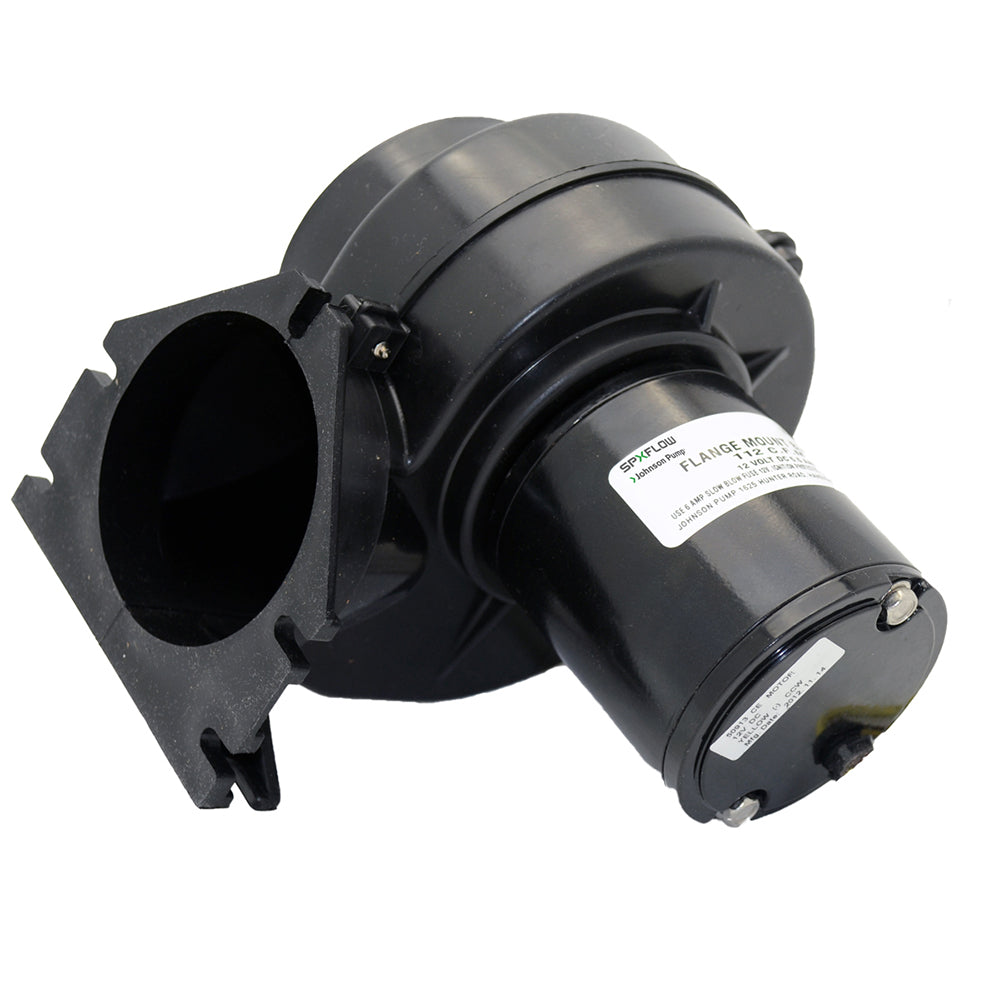 Johnson Pump 3-inch flange-mounted 12V blower, durable marine ventilation component with metal flange for secure mounting.