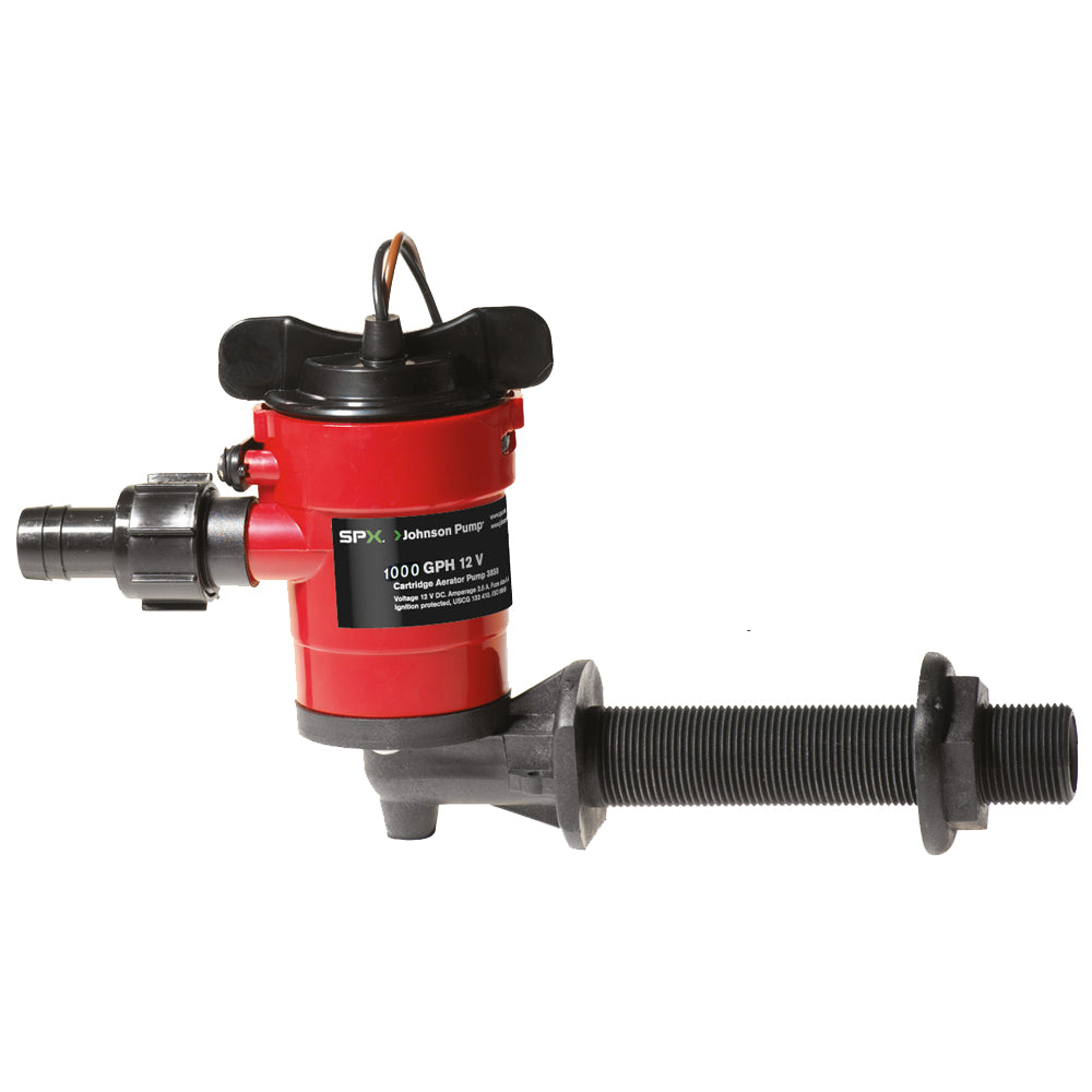 Johnson Pump Cartridge Aerator for livewells, 1000 GPH, 90-degree intake, 12V marine livewell pump with compact design.
