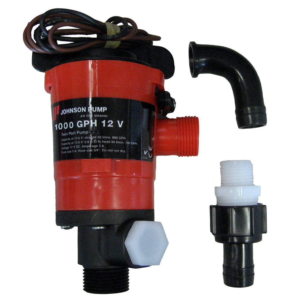 Johnson Pump Twin Port 1000 GPH 12V livewell aerating pump for freshwater or saltwater fishing boats.
