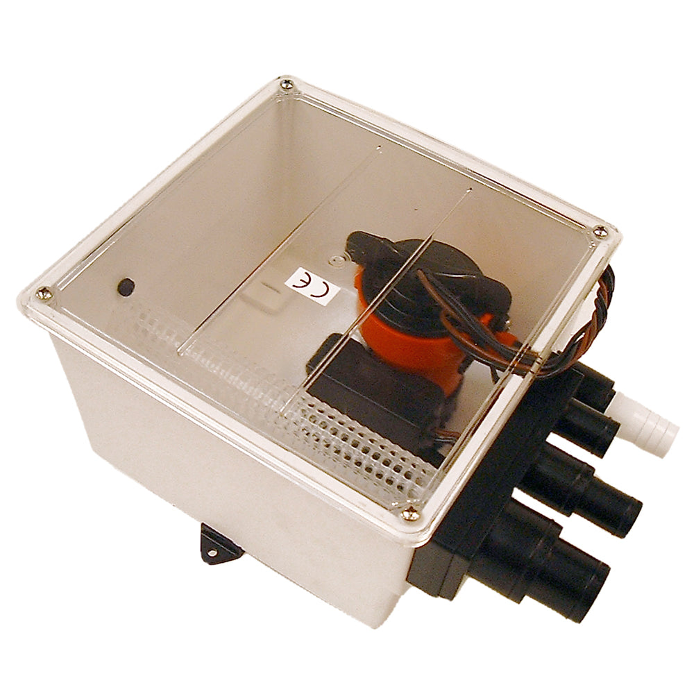 Johnson Pump 1000 GPH marine sanitation shower sump pump with switch, 12V multi-port design for boat sanitation systems.