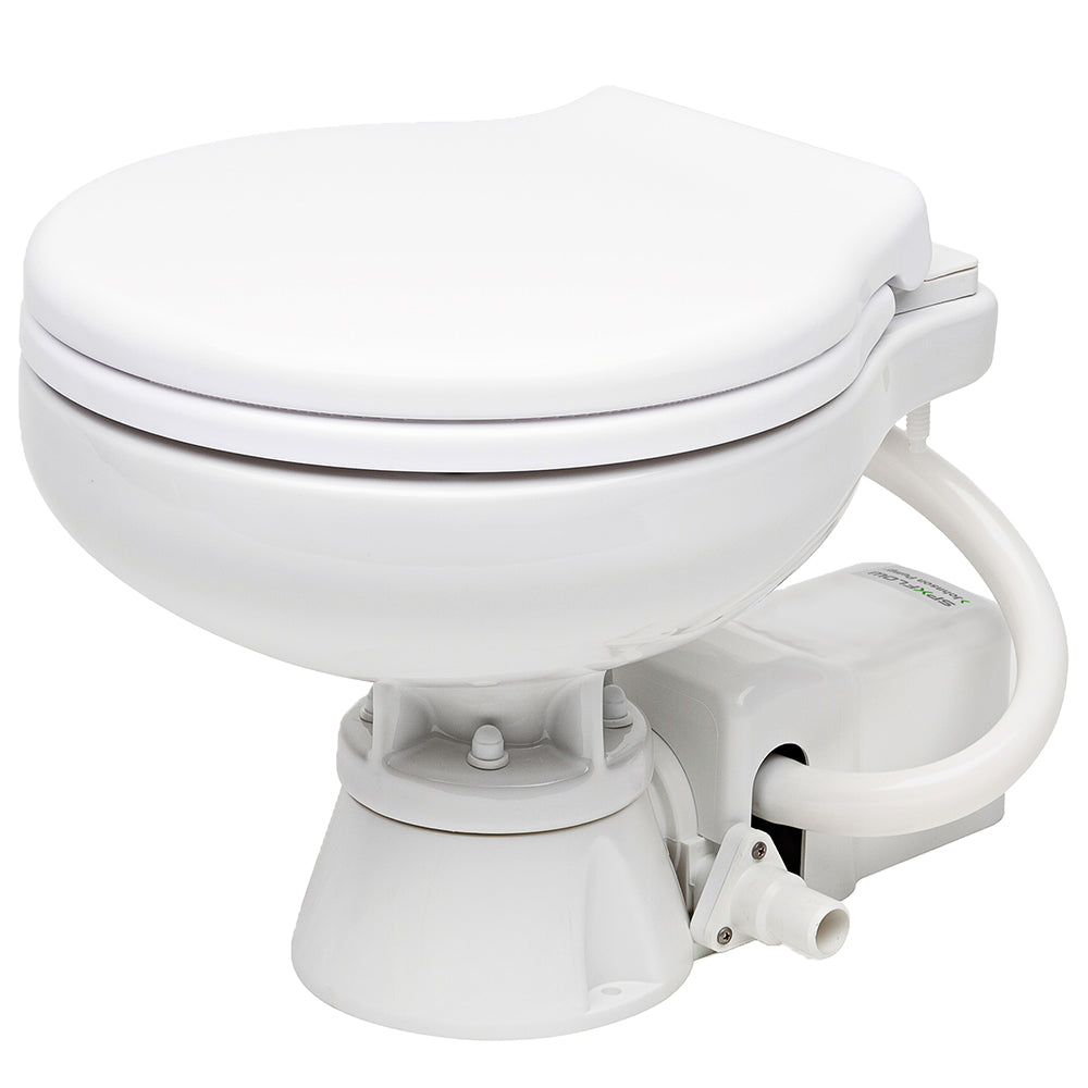Johnson Pump AquaT electric marine toilet, compact 12V marine sanitation device with white ceramic bowl and control panel.