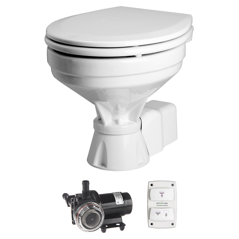 Johnson Pump AquaT marine sanitation toilet with silent electric operation, 12V pump system for comfortable marine sanitation.