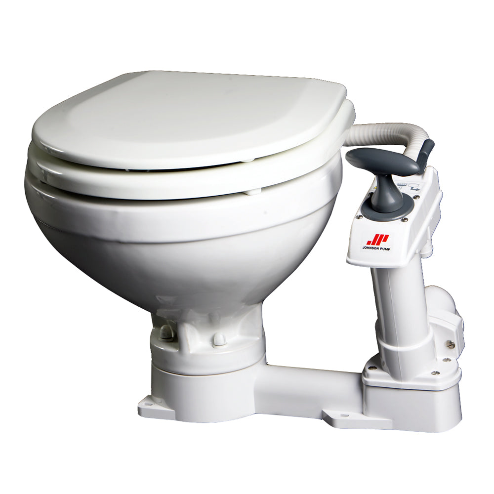 Johnson Pump Compact Manual Toilet for marine sanitation, with white ceramic bowl and manual flush mechanism.