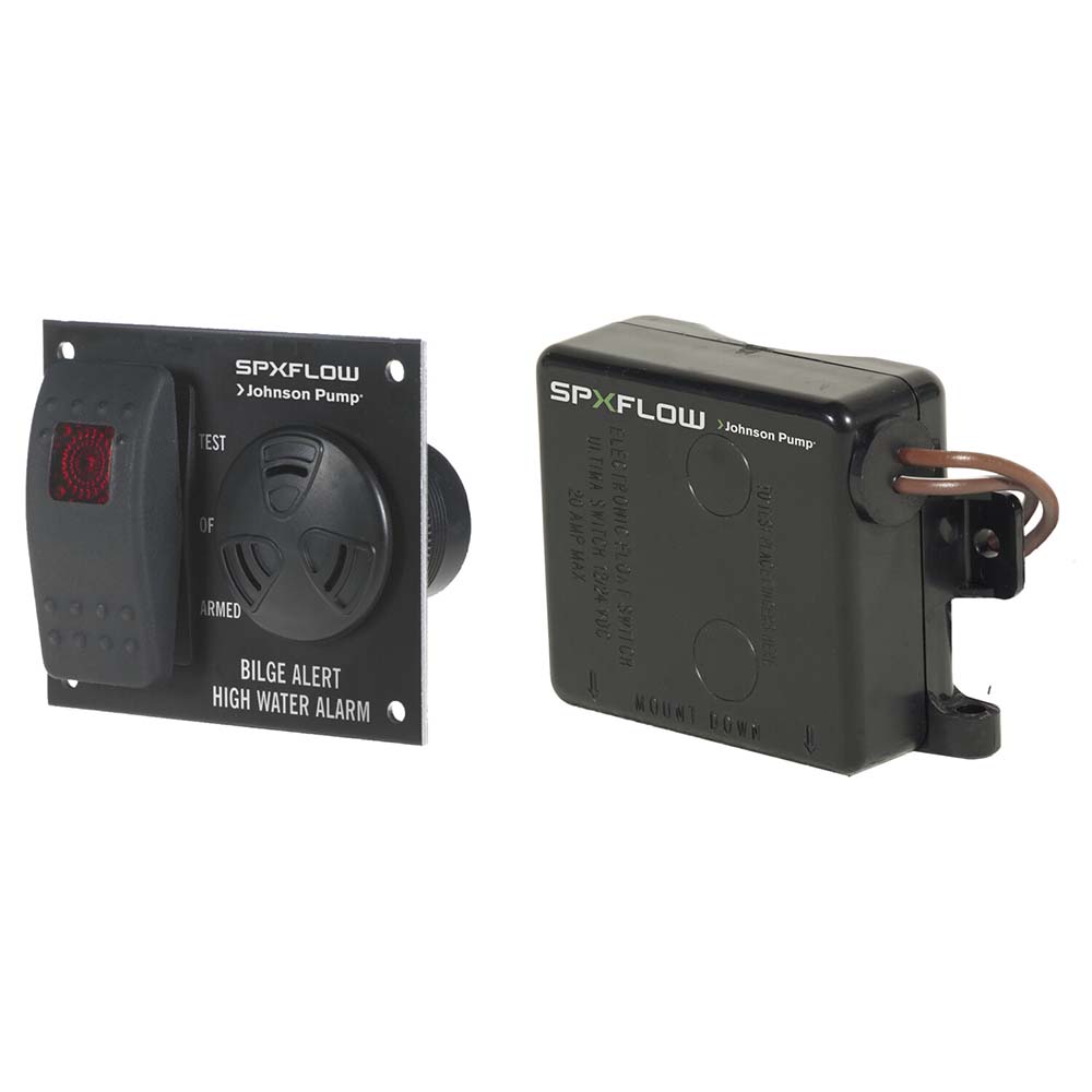 Johnson Pump Bilge Alert High Water Alarm monitoring system showing the device with warning indicator and wiring for 12V boat bilge safety