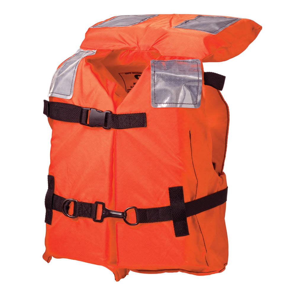 Child wearing Kent Type 1 Vest Style Life Jacket, a personal flotation device designed for safety and buoyancy during water activities.