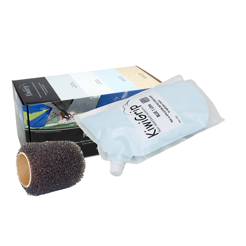Blue KiwiGrip 1-liter pouch with 4-inch roller for non-skid paint application, ideal for textured, slip-resistant surfaces.