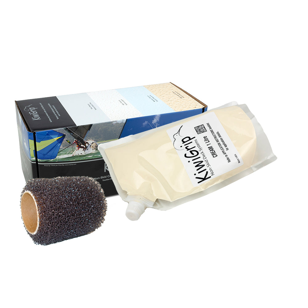 KiwiGrip 1-liter cream non-skid paint pouch with 4-inch roller for textured, slip-resistant surfaces.