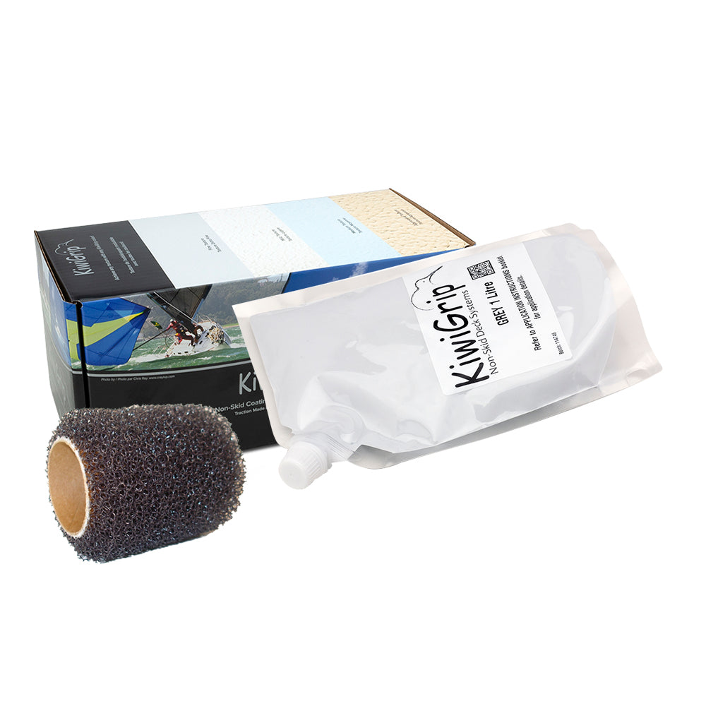 Grey KiwiGrip non-skid paint pouch with 4-inch roller for textured, slip-resistant surfaces in a 1-liter size.