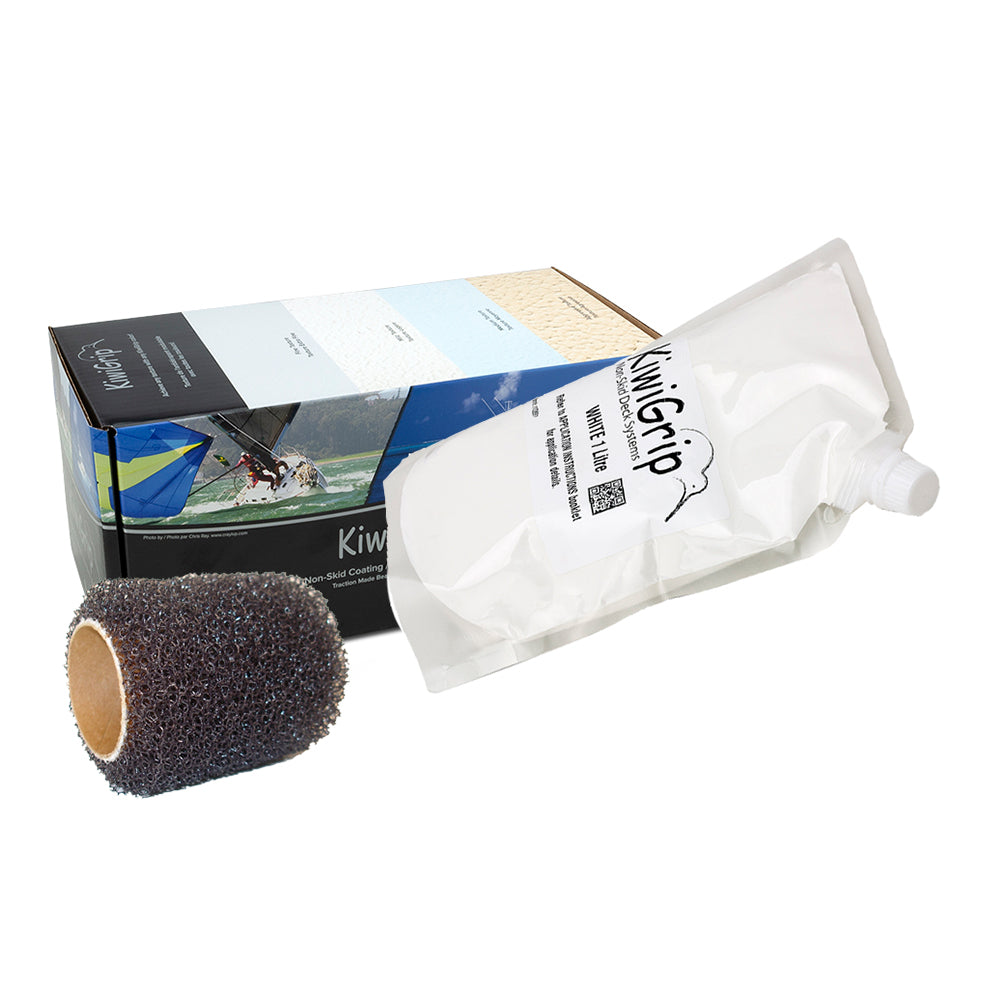 KiwiGrip 1-liter white non-skid paint pouch with 4-inch roller for slip-resistant surfaces and textured finish.
