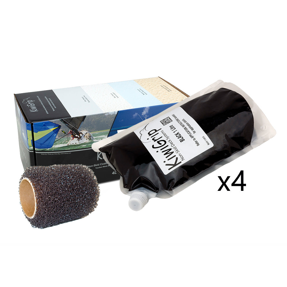 Black KiwiGrip non-skid paint in 1-liter pouch with 4" roller for textured, non-slip surface application.