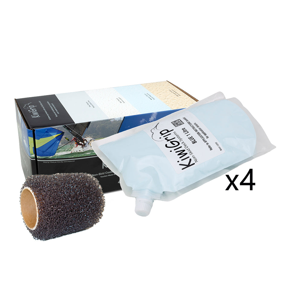 Blue KiwiGrip 4 non-skid paint in 1-liter pouch with 4-inch roller for slip-resistant surfaces.
