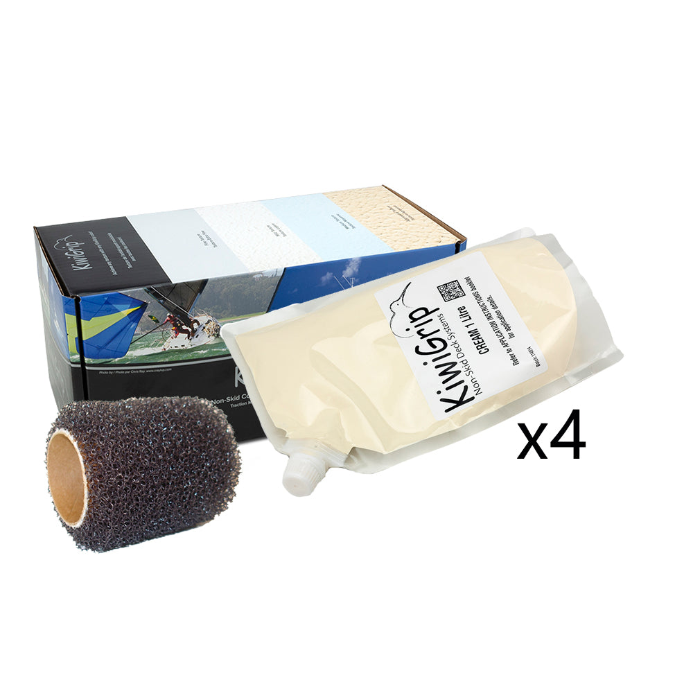 KiwiGrip 4 non-skid paint in cream, 1-liter pouch with 4-inch roller for textured, slip-resistant surfaces.