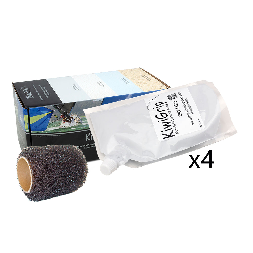 Grey KiwiGrip non-skid paint in a 1-liter pouch with a 4-inch roller for textured, slip-resistant surfaces.