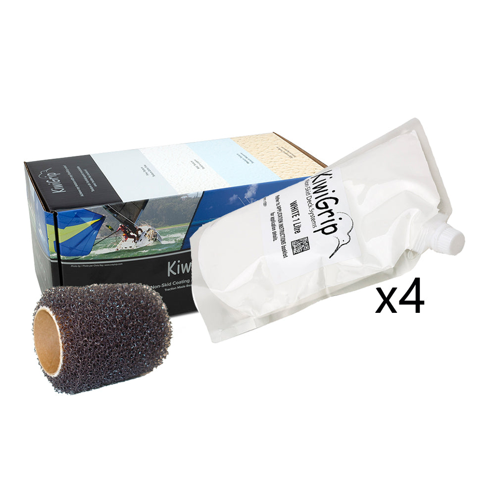 KiwiGrip 4 non-skid paint in white, 1-liter pouch with a 4-inch roller for textured, slip-resistant surface coating.