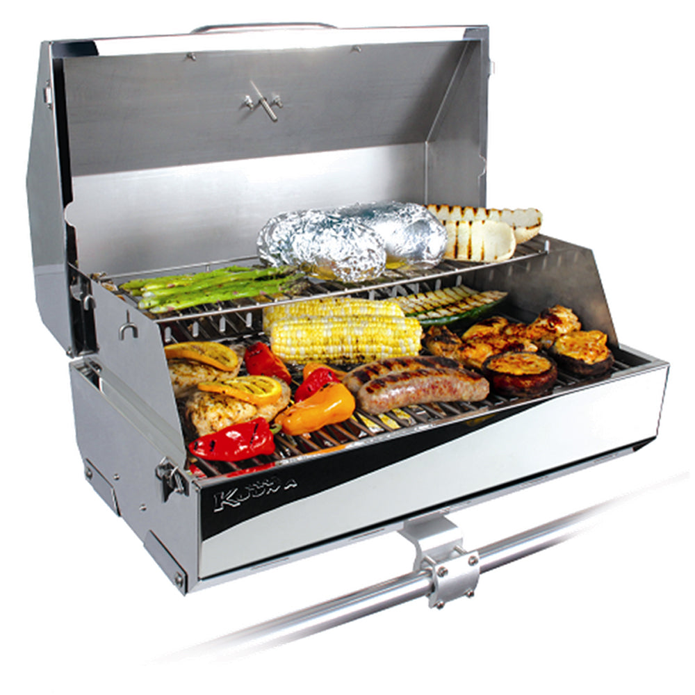 Kuuma Elite 316 gas grill on a deck, featuring stainless steel construction and multiple burners for outdoor cooking.