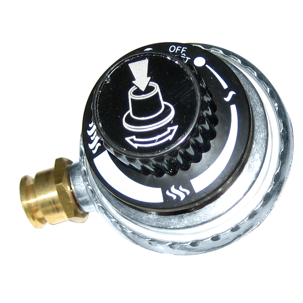 Kuuma LP gas regulator for Stow N Go 160 grill, deck and galley use, by Kuuma Products, shown on the grill.