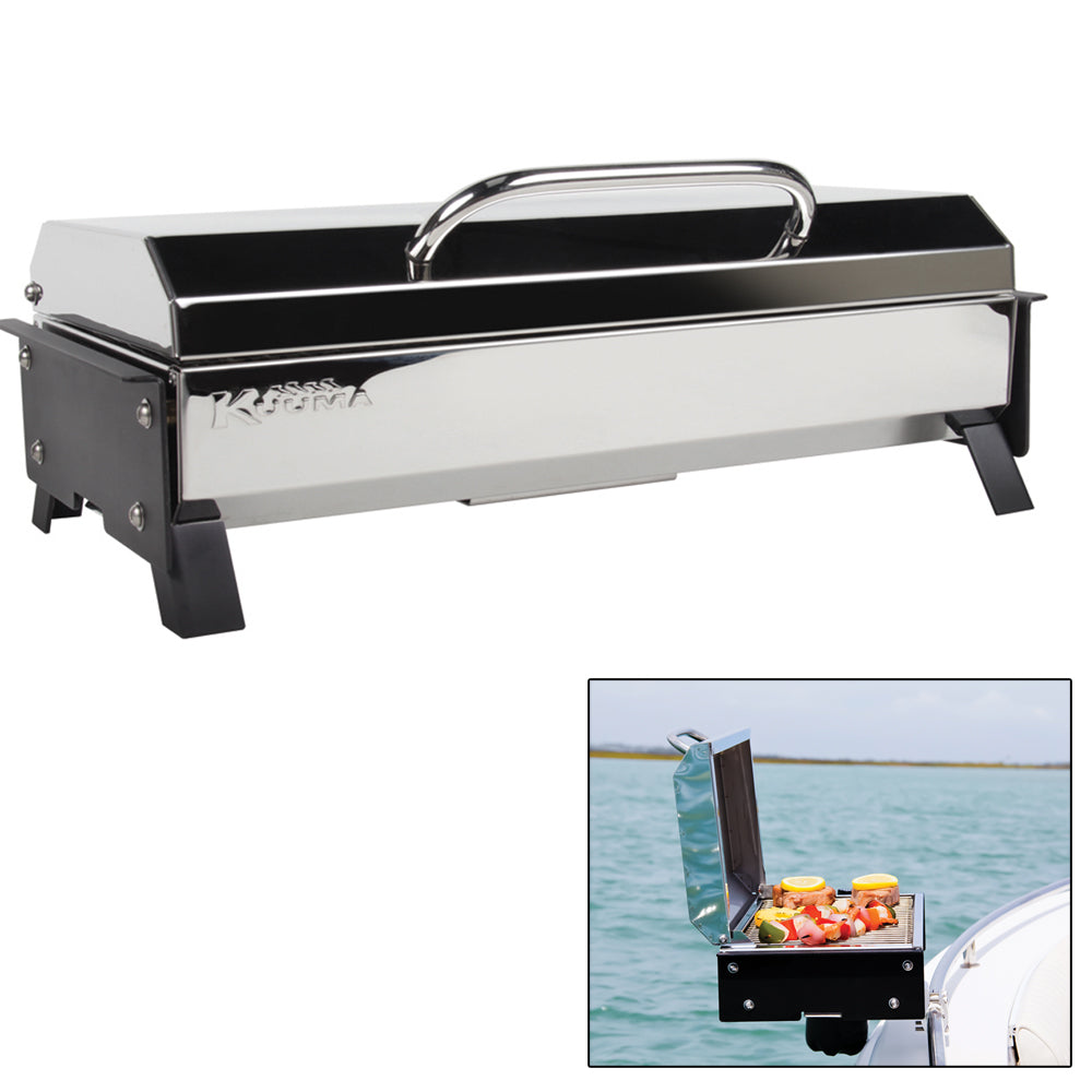 Kuuma Profile 150 Gas Grill on deck or galley setup, compact outdoor grill by Kuuma Products, stainless steel design.
