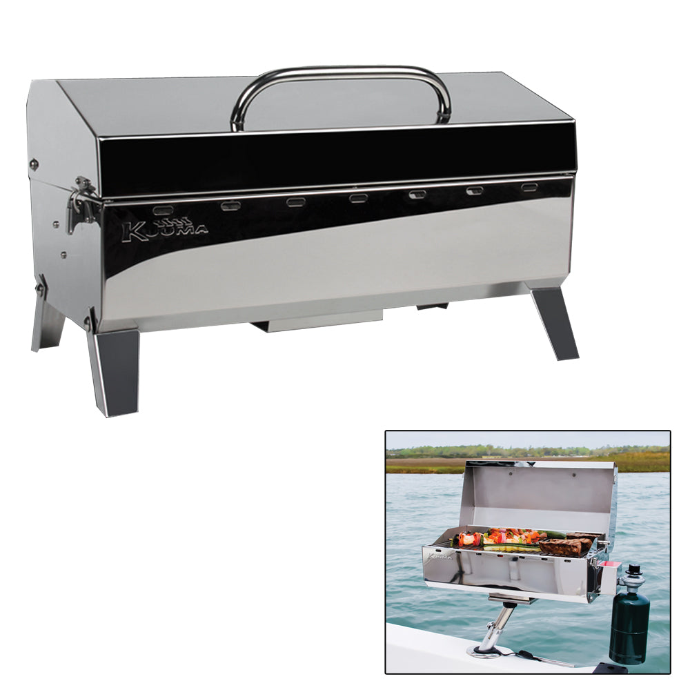 Kuuma Stow N Go 160 Gas Grill on deck, compact Kuuma Products portable grill with stainless steel finish and control knobs.